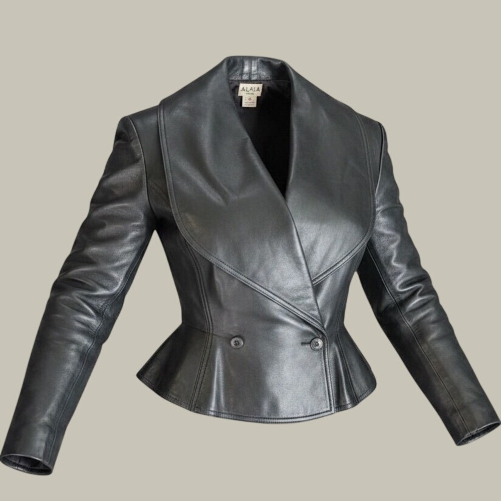 Azzedine Alaïa 80s Vintage Archive Black Leather Corset Peplum Jacket FR 42